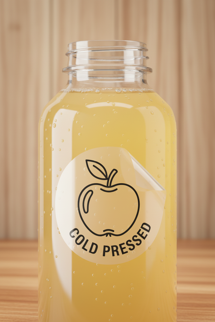Round Transparent Sticker on Juice Bottle - Wooden Background